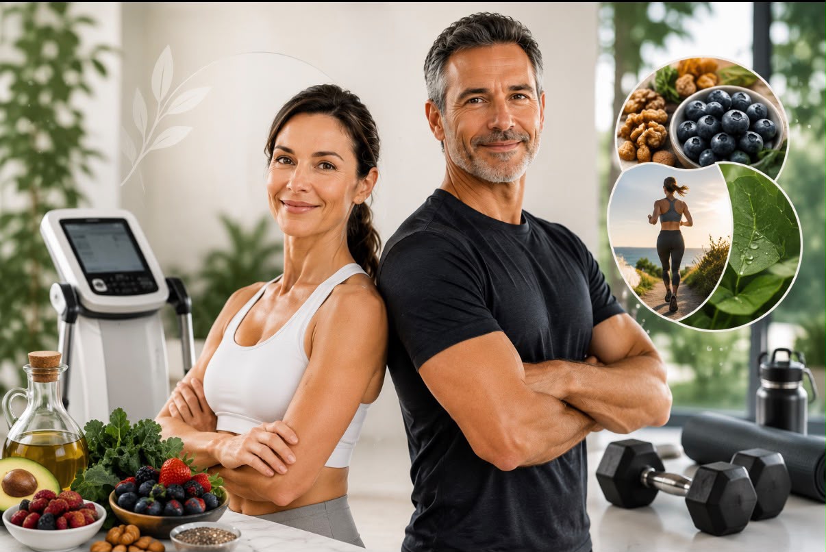 Mujer y hombre activos, espalda con espalda, rodeados de alimentos saludables y equipo de ejercicio