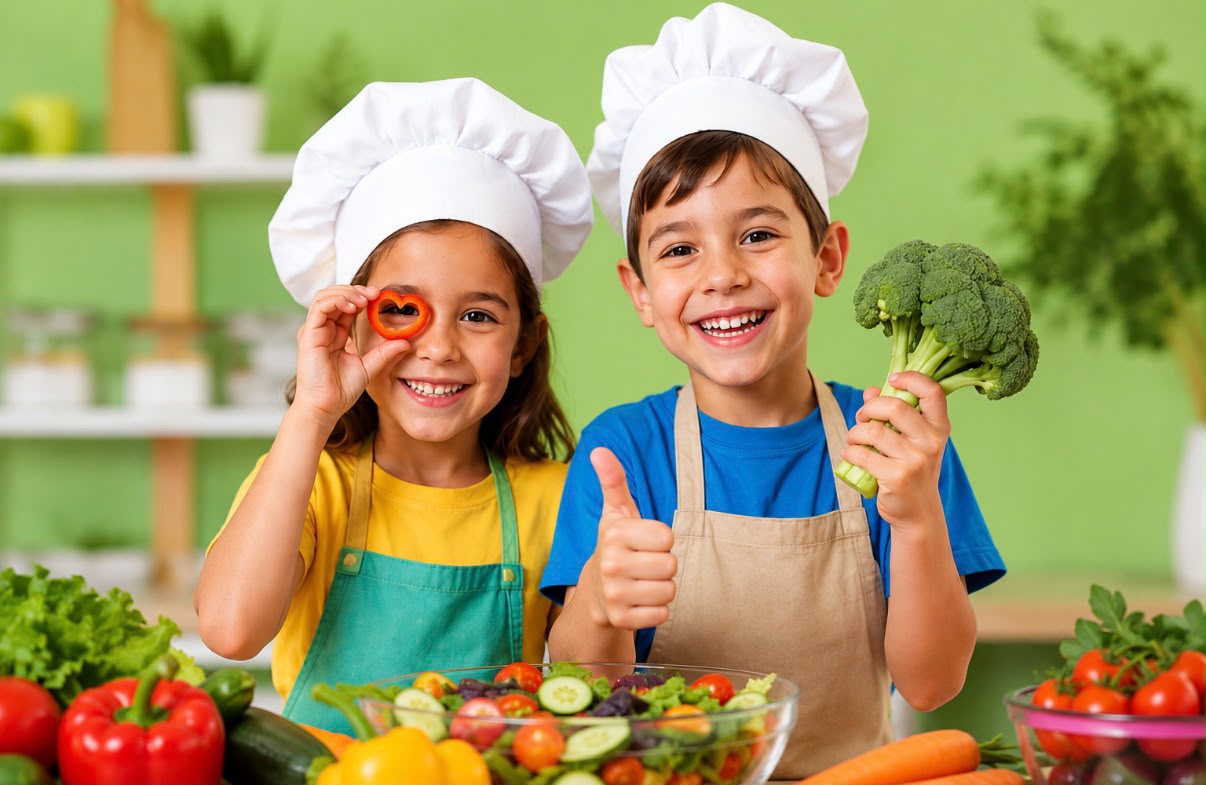 Niña y niño con gorros de chef sonriendo entre verduras frescas